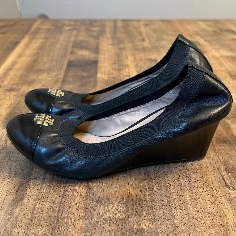 Tory Burch Jolie Ballet Wedge Leather Heel Gold Logo Round toe Black Women's 8.5